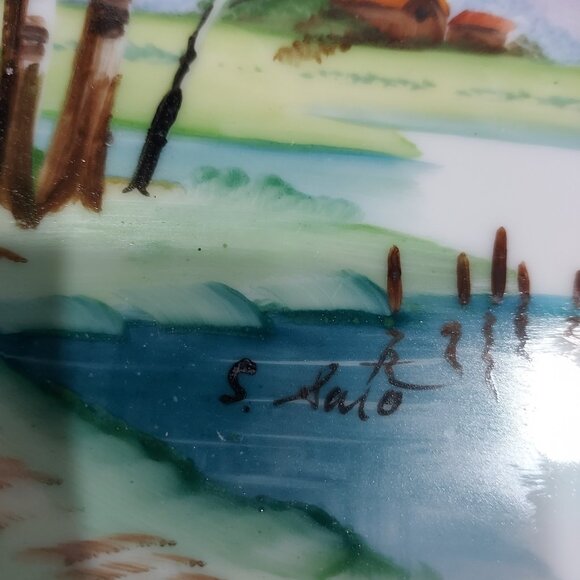 Ucacgo Japan Porclian Plate Landscape Cabin Scene Hand Painted Signed Set Of 2 - Picture 7 of 12